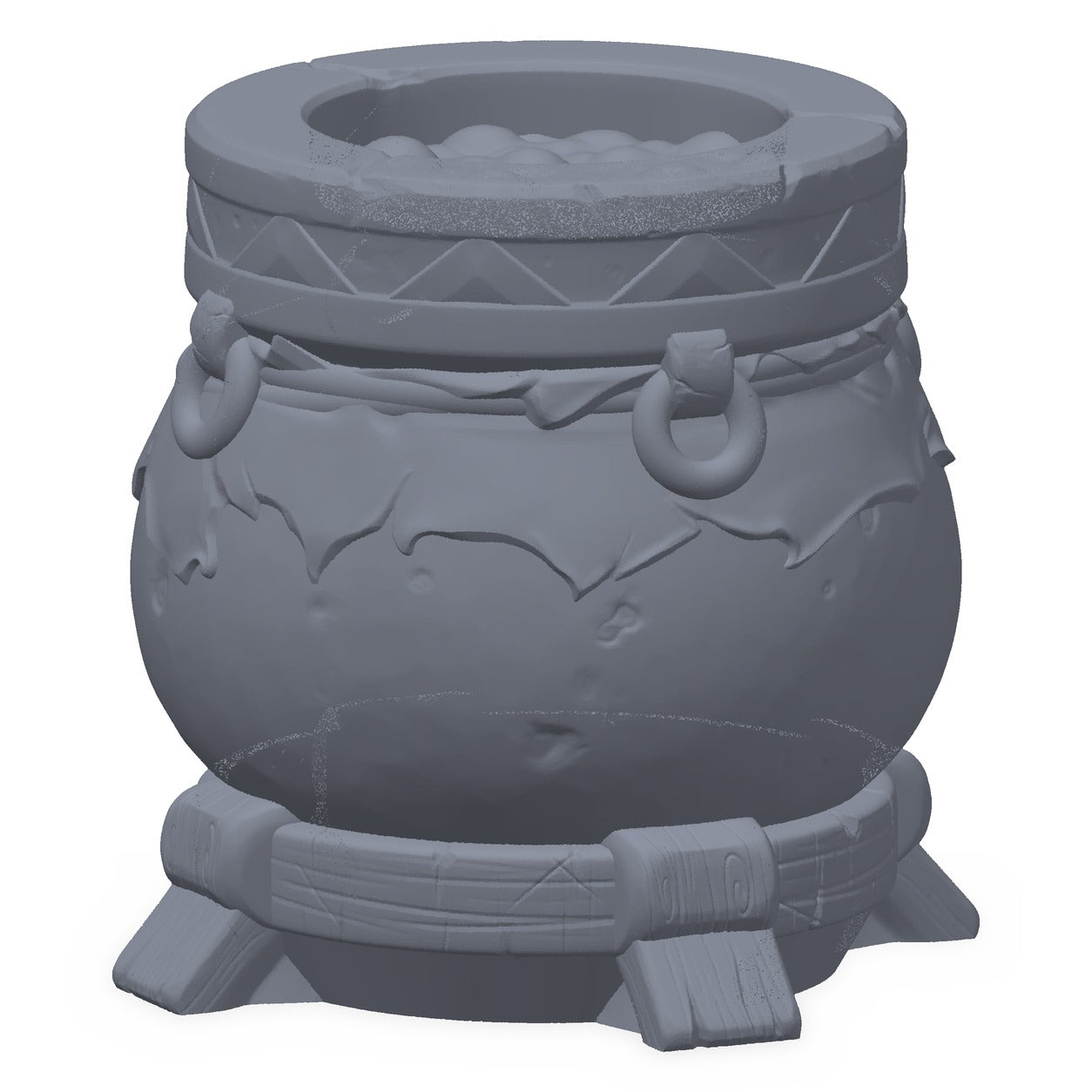 Grå 3D-printet rekvisitt av en warlock-gryte med okkulte tegn, til D&D og Pathfinder.
