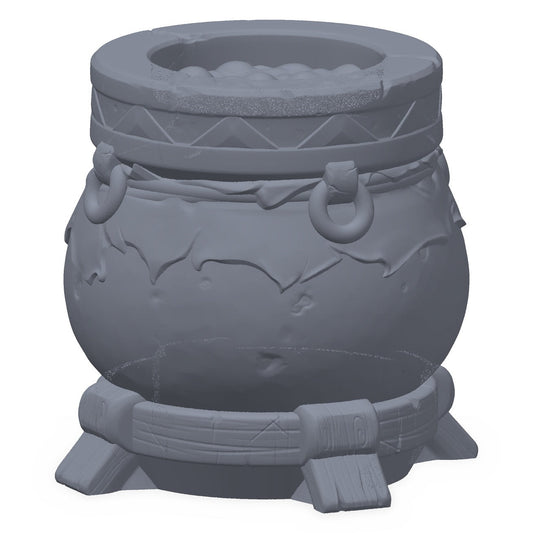 Grå 3D-printet rekvisitt av en warlock-gryte med okkulte tegn, til D&D og Pathfinder.