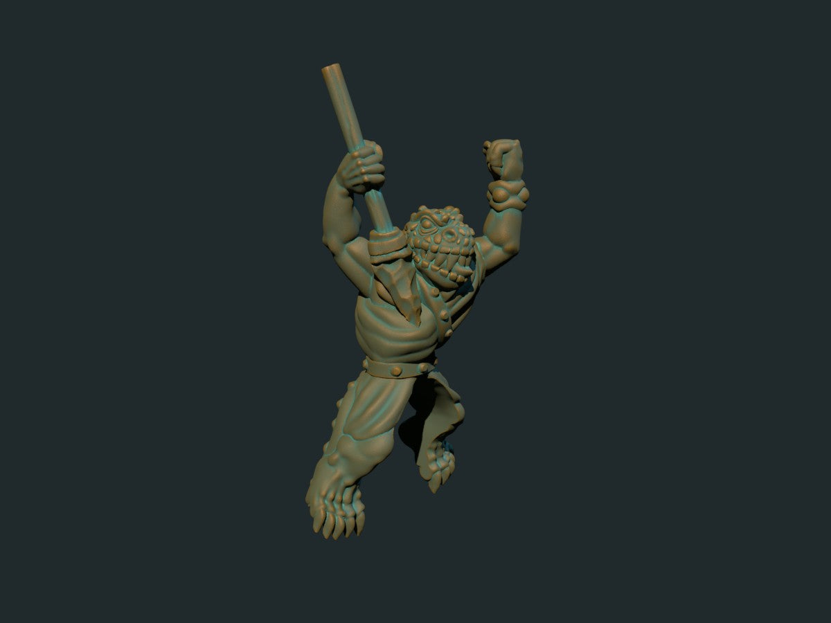 Lizardman-rytter med kastespyd, 3D-printet D&D-miniatyr fra Spillsmia.