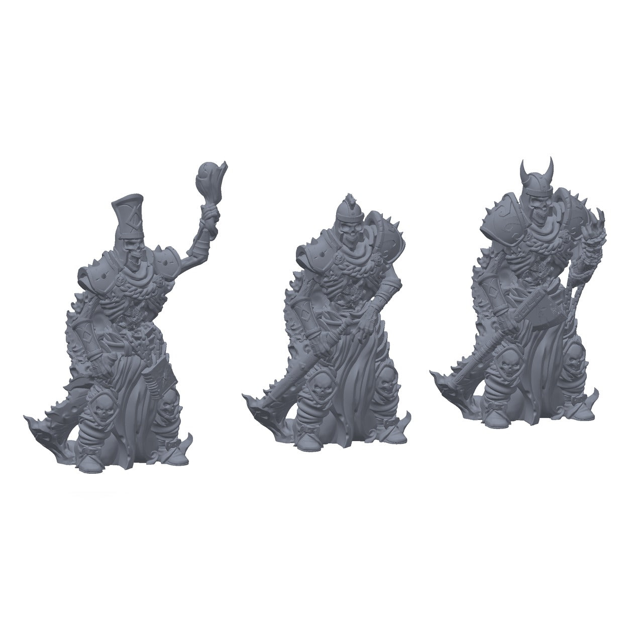 Grå 3D-printede miniatyrer av tre elite-skjeletter: magiker, soldat og kriger i tung rustning, til D&D og Pathfinder.