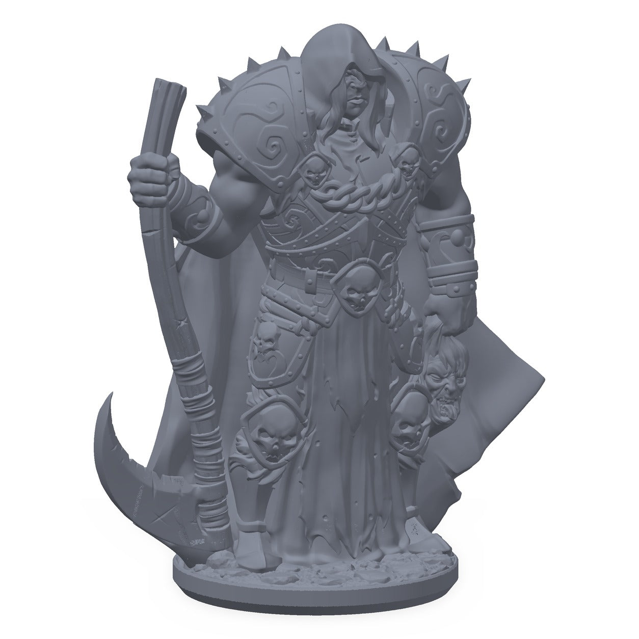 3D-printet soul reaper knight-miniatyr i grå PLA – dødsridder med ljå, til D&D og Pathfinder.
