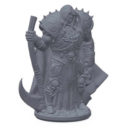 3D-printet soul reaper knight-miniatyr i grå PLA – dødsridder med ljå, til D&D og Pathfinder.