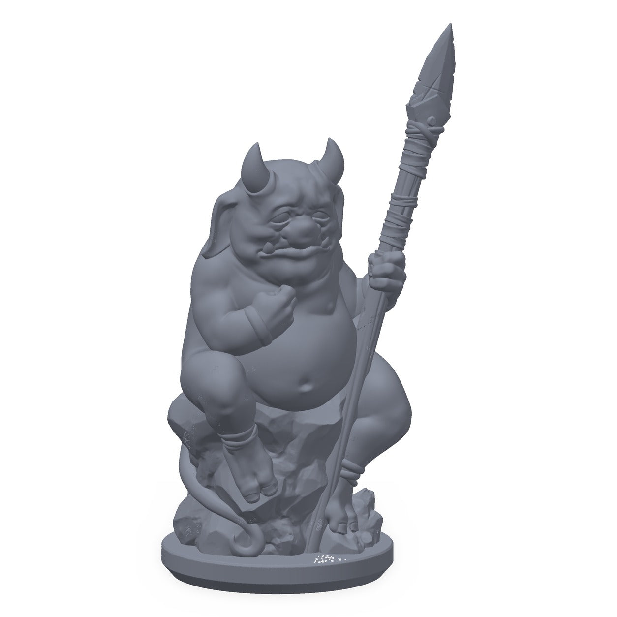 3D-printet steindjevel-miniatyr i grå PLA – liten djevel av stein, til D&D og Pathfinder.