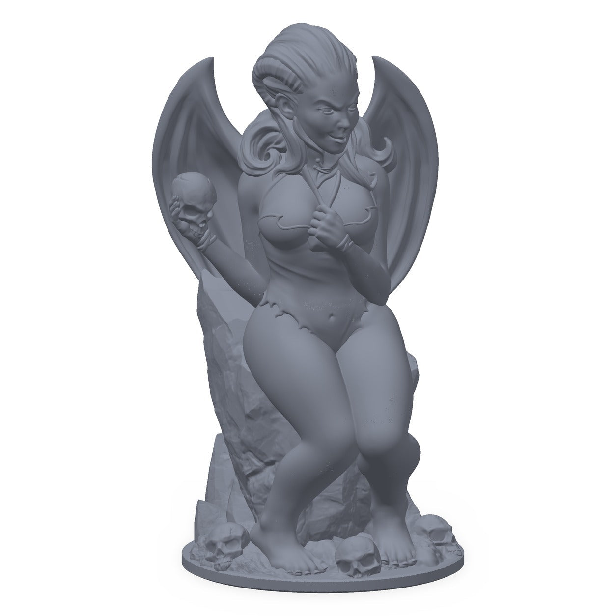 3D-printet succubus-miniatyr i grå PLA – vinget demon med horn, til D&D og Pathfinder.