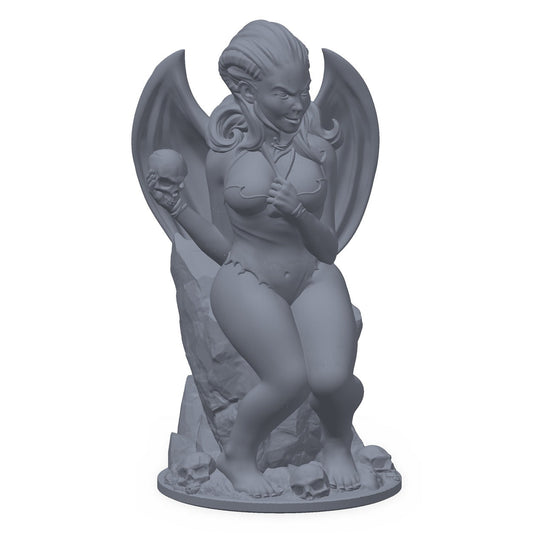 3D-printet succubus-miniatyr i grå PLA – vinget demon med horn, til D&D og Pathfinder.