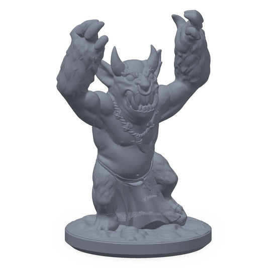 3D-printet tjener-imp-miniatyr i grå PLA – vinget imp med lykt og krokete smil, til D&D og Pathfinder.