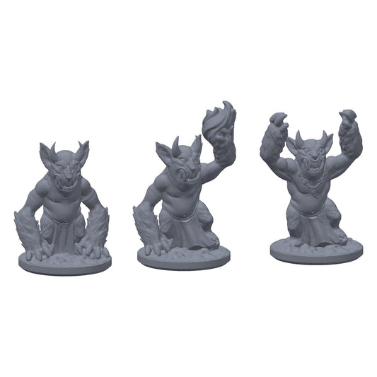 3D-printet sett med tre tjener-imper i grå PLA, til D&D og Pathfinder.