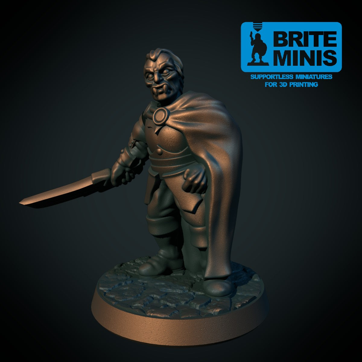 3D-printet vampyrherre med kappe og sverd i grå PLA til D&D og Pathfinder.