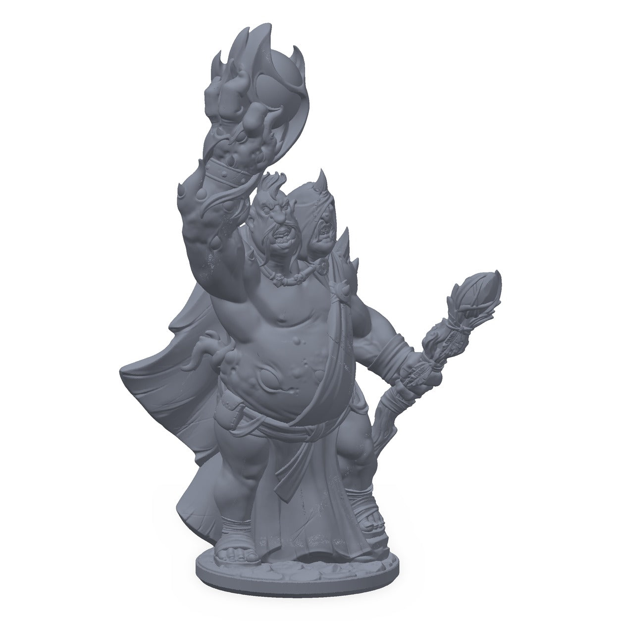 3D-printet voidmage ettin-miniatyr i grå PLA – tohodet kjempe med stav, til D&D og Pathfinder.